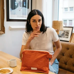 Trousse de toilette orange flamboyant en épaisse toile de coton bio