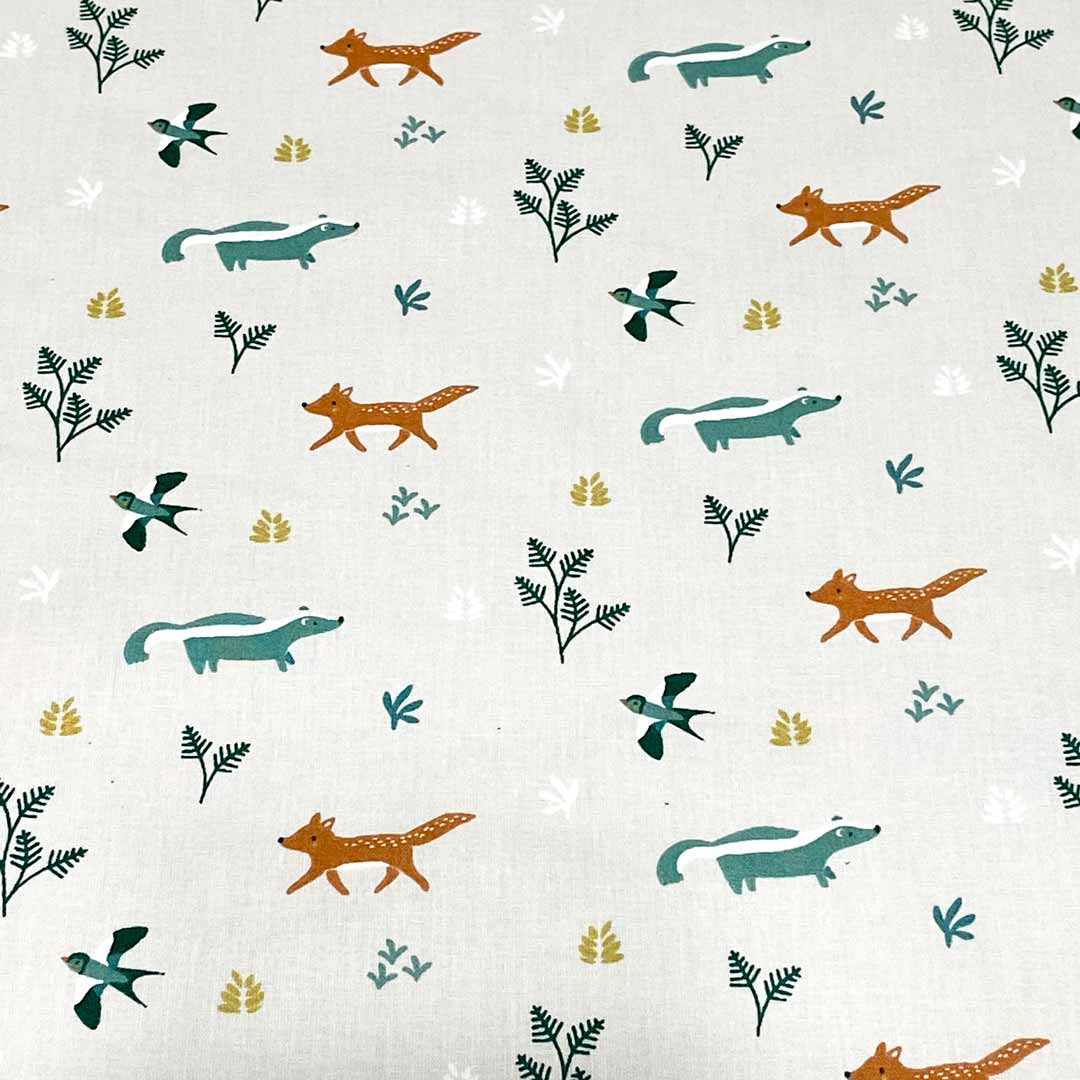 Tissu coton imprimé pour enfants, motifs blaireau, renards, hirondelles, 50cm – Image 2