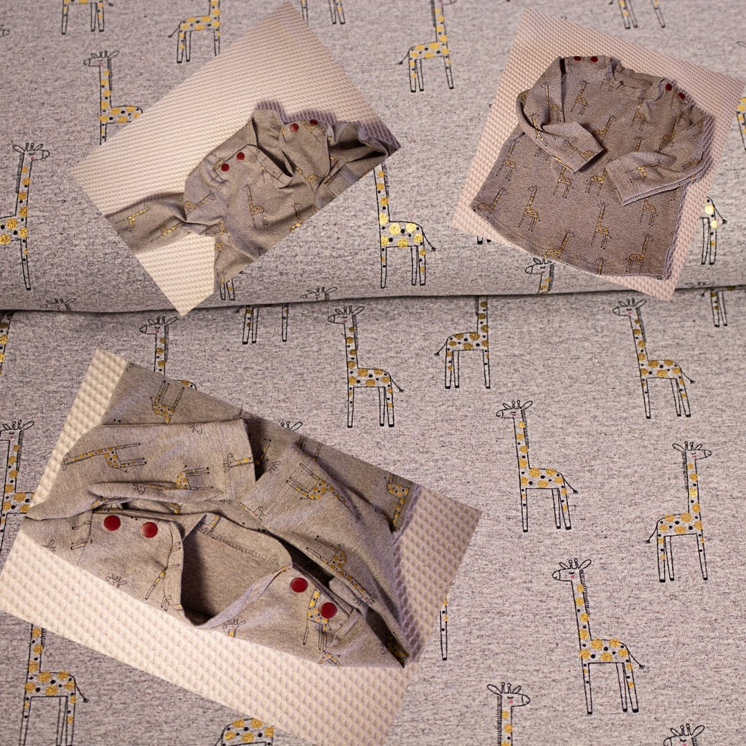 tissu jersey pour enfants, motifs girafes dorés, gris chiné, 10cm – Image 4