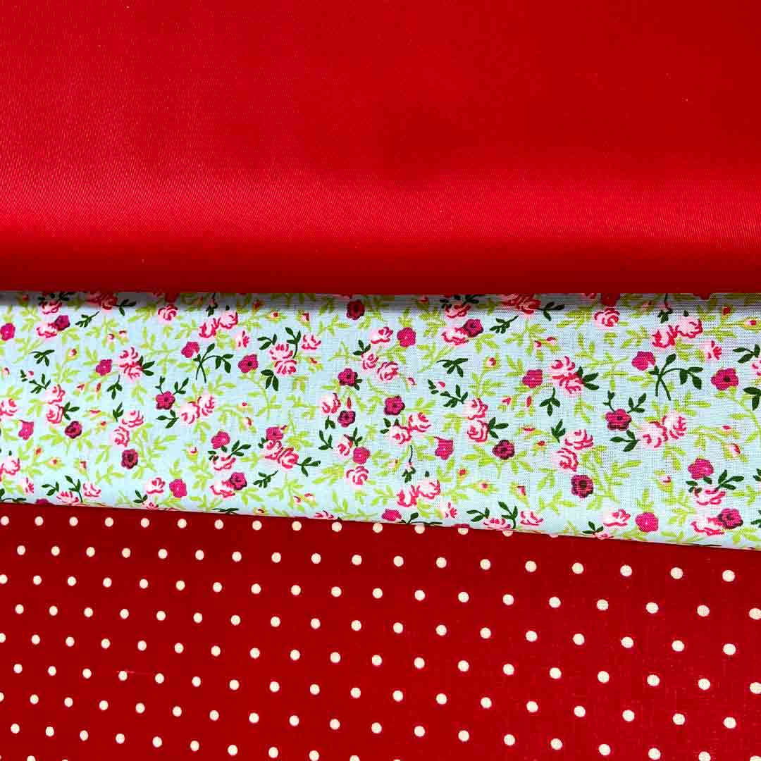 Coupon de Tissu coton vert petites fleurs roses et rouges 150cmx160cm – Image 3
