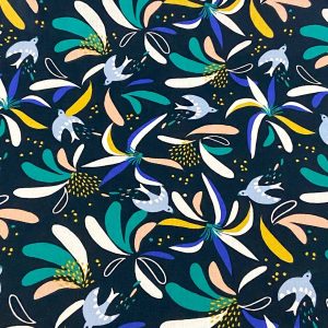 Tissu coton Lisboa nuit/vert motifs floral et oiseaux, tissu Domotex, 50cm