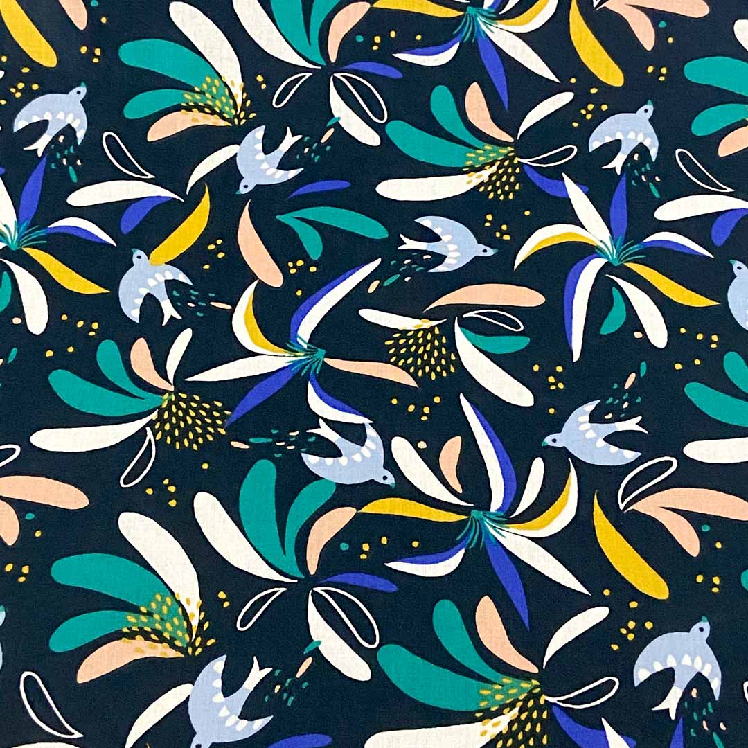 Tissu coton Lisboa nuit/vert motifs floral et oiseaux, tissu Domotex, 50cm