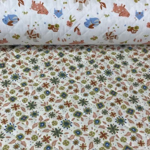 Tissu coton matelassé réversible pour enfants, Picoti/Rozia blanc cassé 50cm