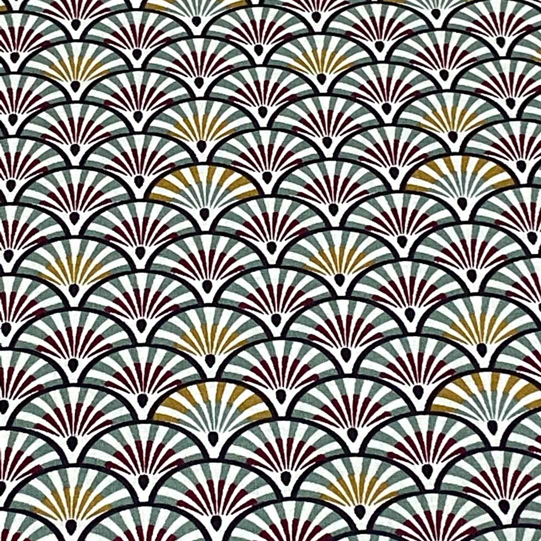 Tissu coton Yona thym/camel motifs japonais éventails, fabrication française, 50cm