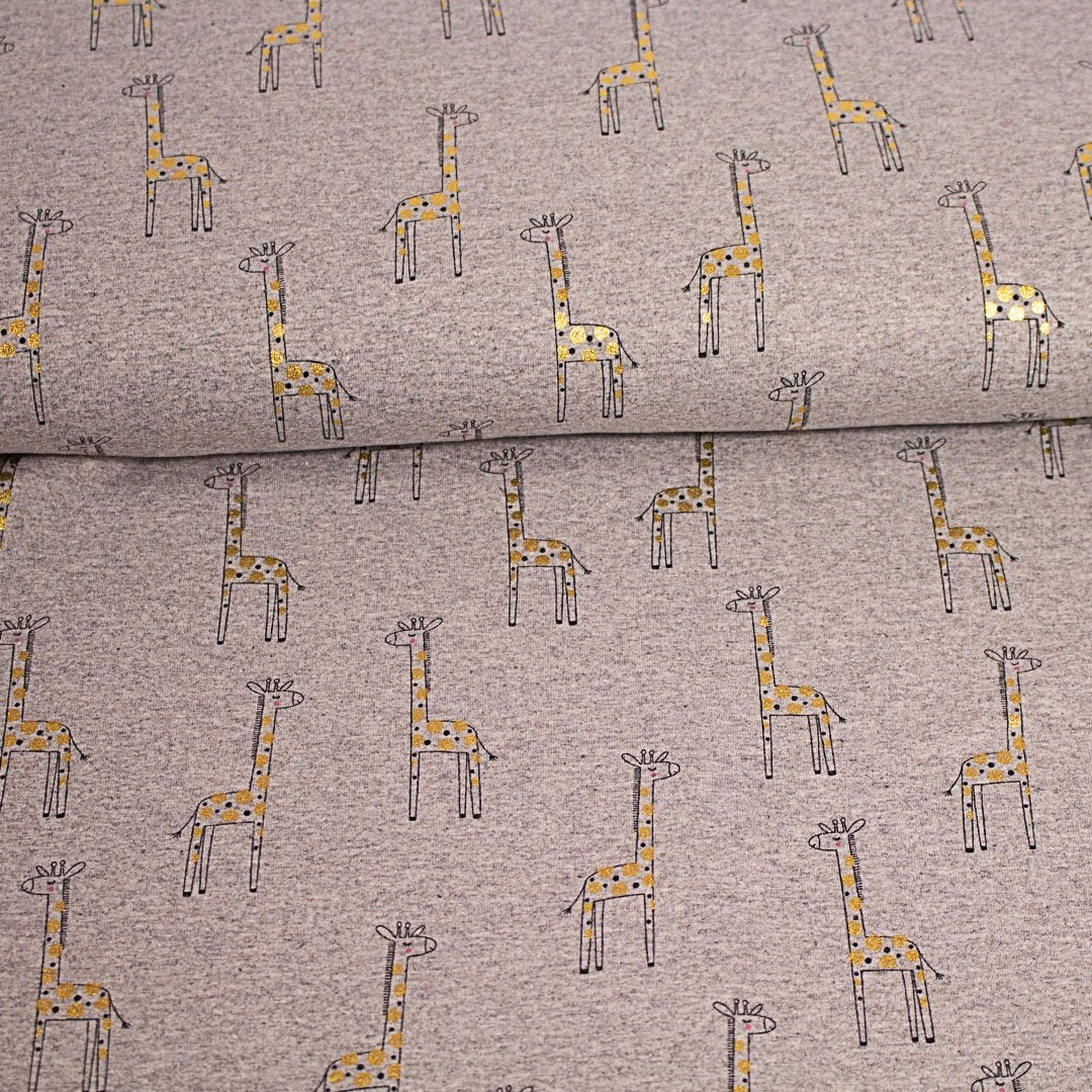 tissu jersey pour enfants, motifs girafes dorés, gris chiné, 10cm