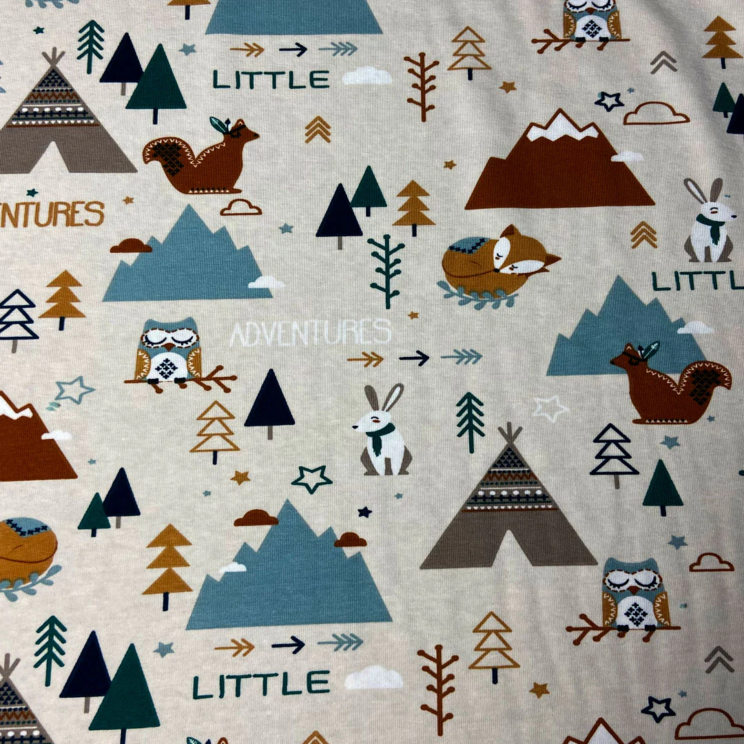 Tissu jersey Tamias Ocre/sapin, arbres, oiseaux, tipi, tissu Domotex, 50cm – Image 2