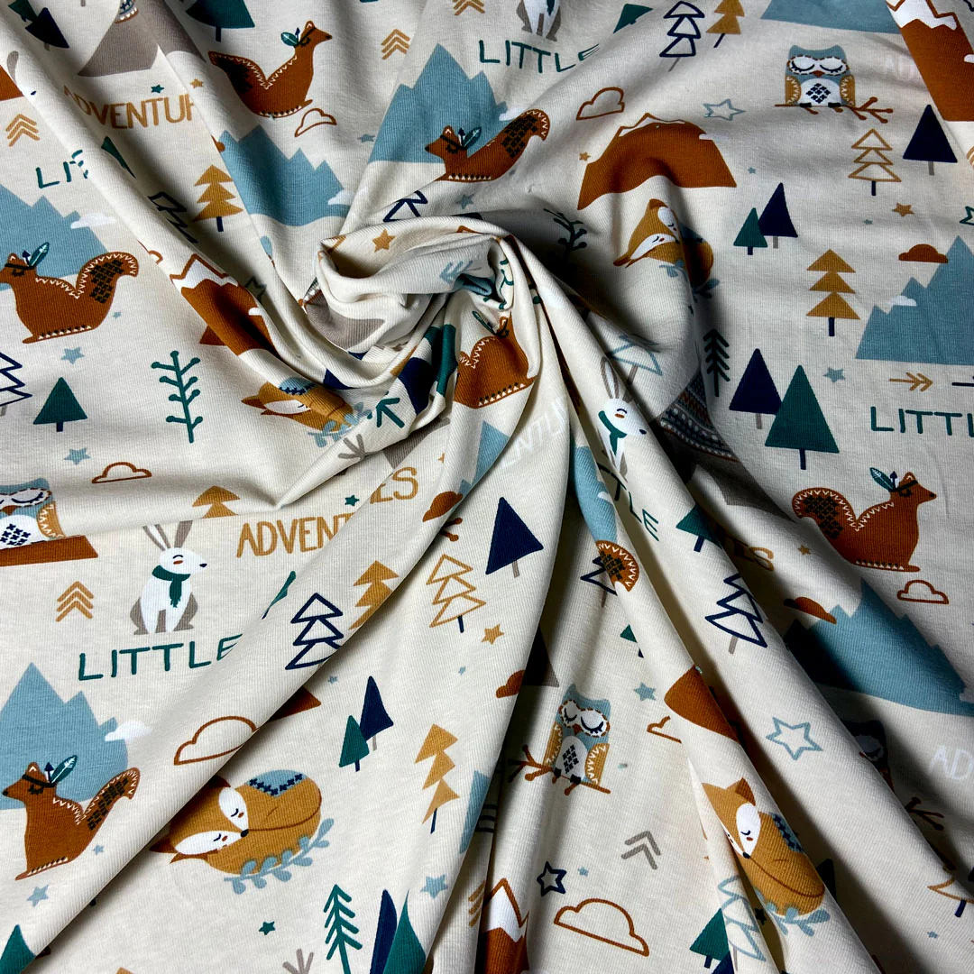 Tissu jersey Tamias Ocre/sapin, arbres, oiseaux, tipi, tissu Domotex, 50cm – Image 3