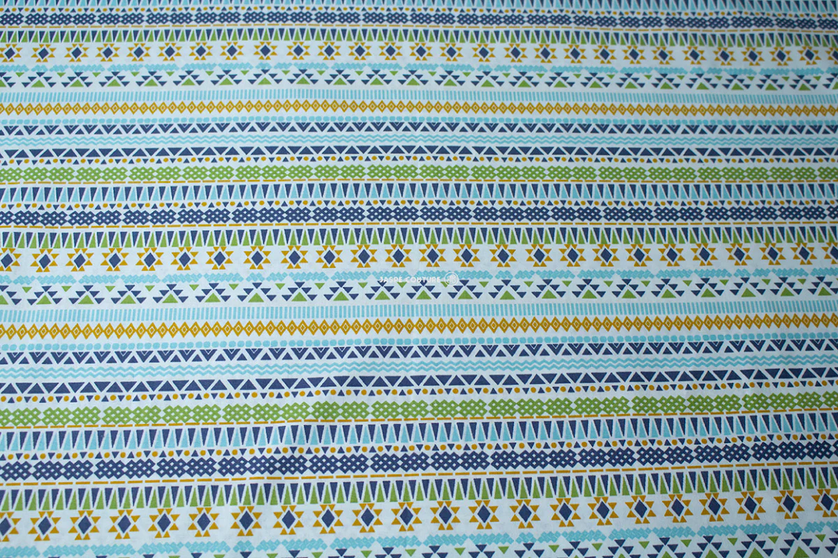 Tissu coton imprimé pour enfants, tissu motifs aztèque, bleu, 50cm