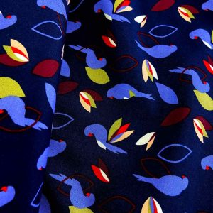 Tissu viscose Miperk bleu nuit made in France, motif oiseaux, 50cm