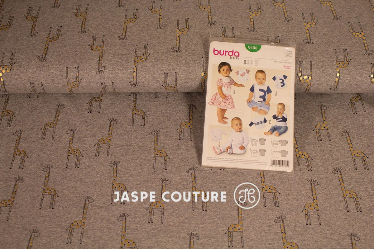 tissu jersey pour enfants, motifs girafes dorés, gris chiné, 10cm – Image 6
