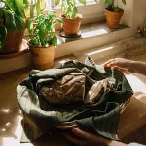 Torchon Vert câpre à rayures en coton flammé