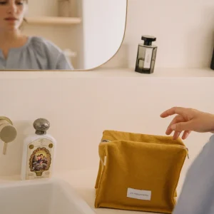 Trousse de toilette cube jaune safran en épaisse toile de coton bio
