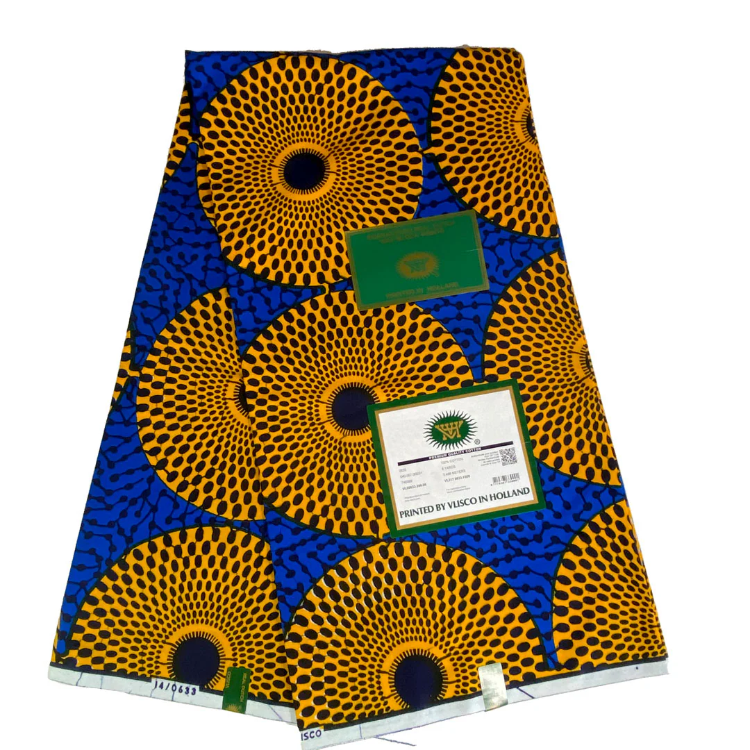 Tissu africain, Tissu wax hollandais Vlisco, disque ou Plaque-Plaque, couleur jaune/bleu/noir – Image 5
