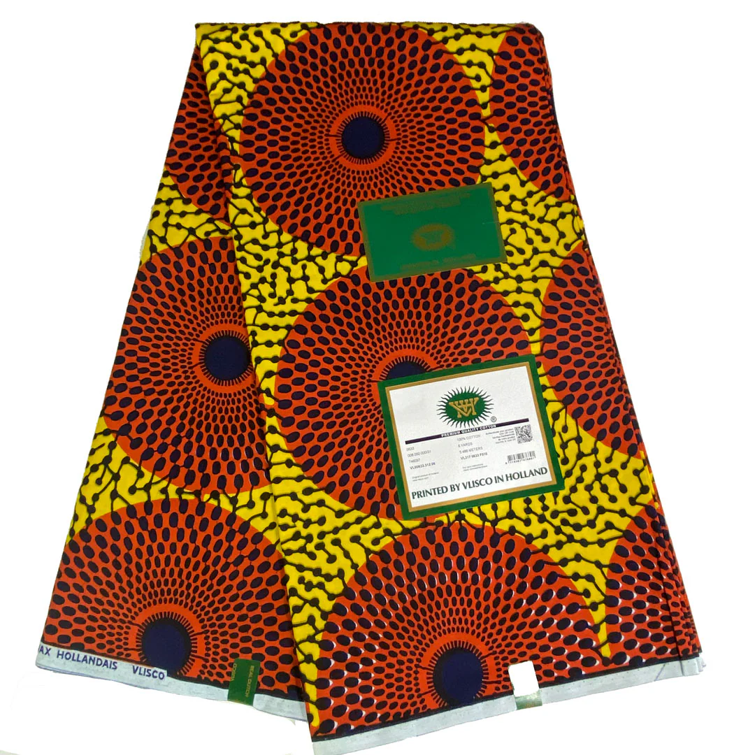 Tissu africain, Tissu wax hollandais Vlisco, disque ou Plaque-Plaque, couleur rouge/jaune/noir – Image 5