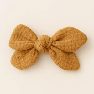 Barrette nœud gaze de coton camel pour cheveux accessoire vêtement enfant