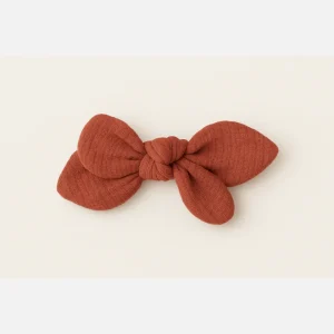Barrette nœud gaze de coton terracotta pour cheveux accessoire vêtement enfant