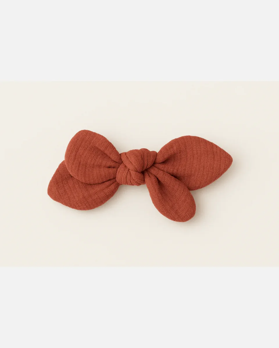 Barrette nœud gaze de coton terracotta pour cheveux accessoire vêtement enfant – Image 2