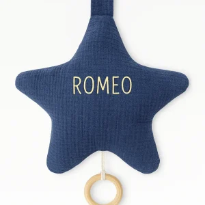 Boîte à musique étoile pour bébé en gaze de coton bleu personnalisable