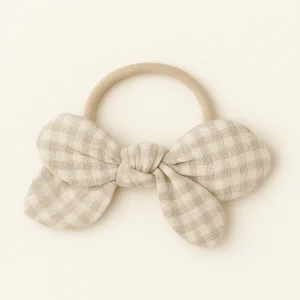 Chouchou cheveux fille nœud accessoire vêtement en gaze de coton vichy beige