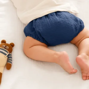 Culotte bloomer bébé personnalisable en gaze de coton bleu