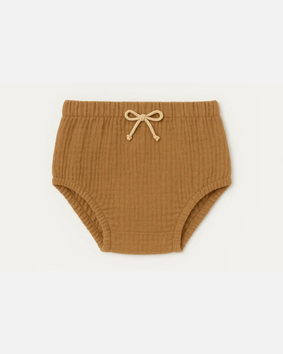 Culotte bloomer bébé personnalisable en gaze de coton camel – Image 3