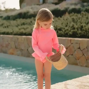 Maillot bébé fille Anti-UV, manches longues rose fluo| BORA BORA BEBE