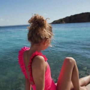 Maillot de bain une pièce fille à volants, UPF50+, rose flashy | BORA BORA 1P