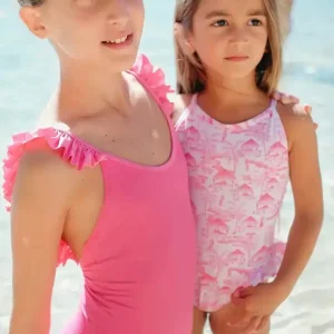 Maillot de bain une pièce fille anti UV à volants, rose bonbon| BORA BORA 1P