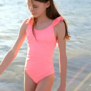 Maillot de bain une pièce fille anti UV à volants, rose fluo| BORA BORA 1P