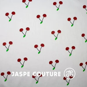 Tissu coton blanc motifs cerises 50cm
