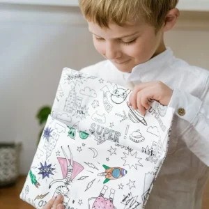Pochette enfant en tissu à colorier superhéros lavable et réutilisable