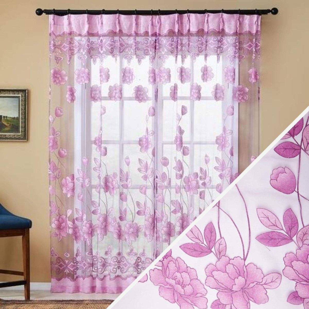 Rideaux roses imprimés fleuris