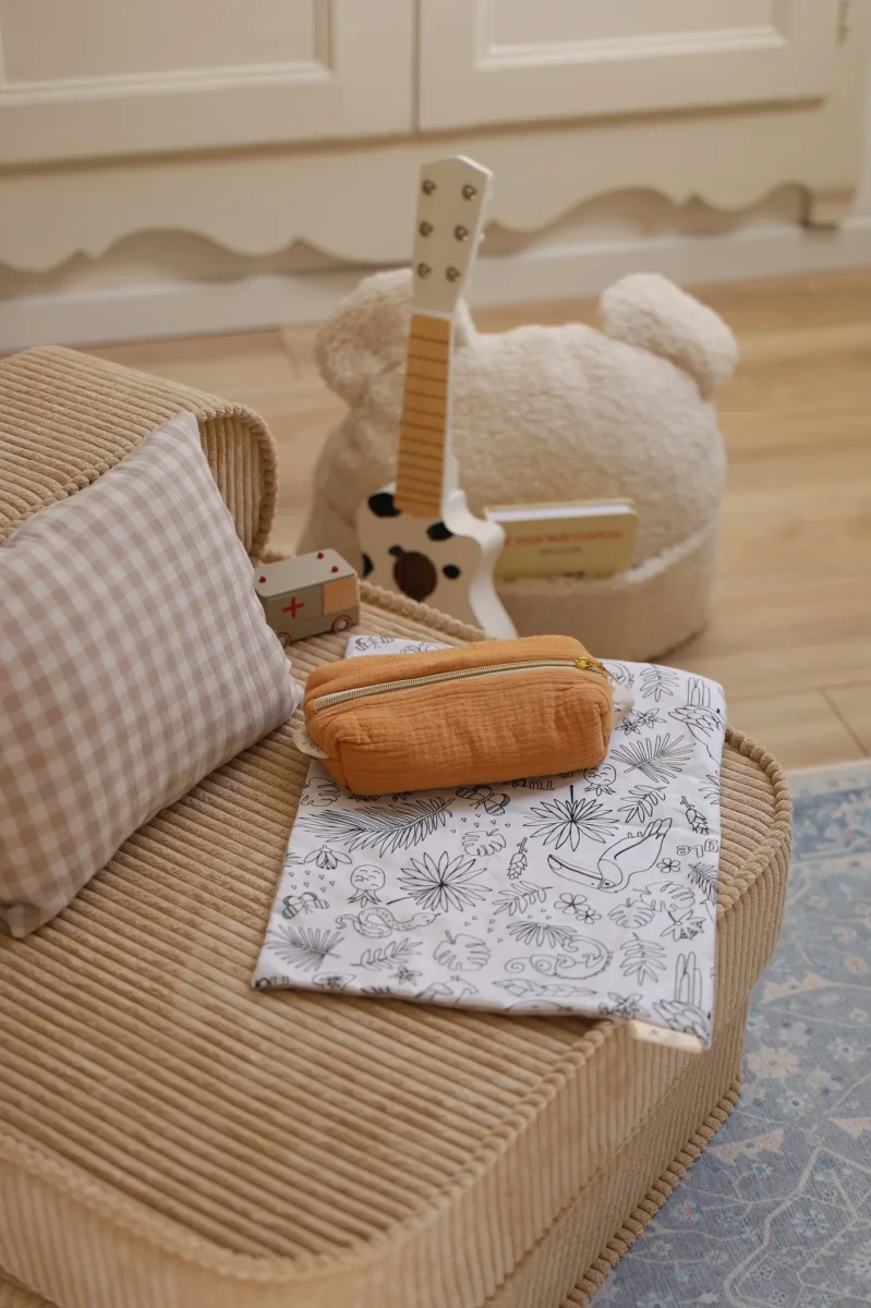 Trousse à crayons enfant école personnalisée en gaze de coton camel faite main – Image 5