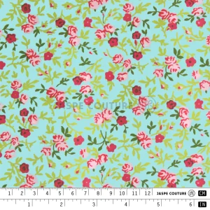 Coupon de Tissu coton vert petites fleurs roses et rouges 150cmx160cm