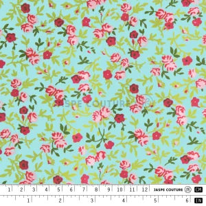 Tissu coton vert petites fleurs roses et rouges, 25cm