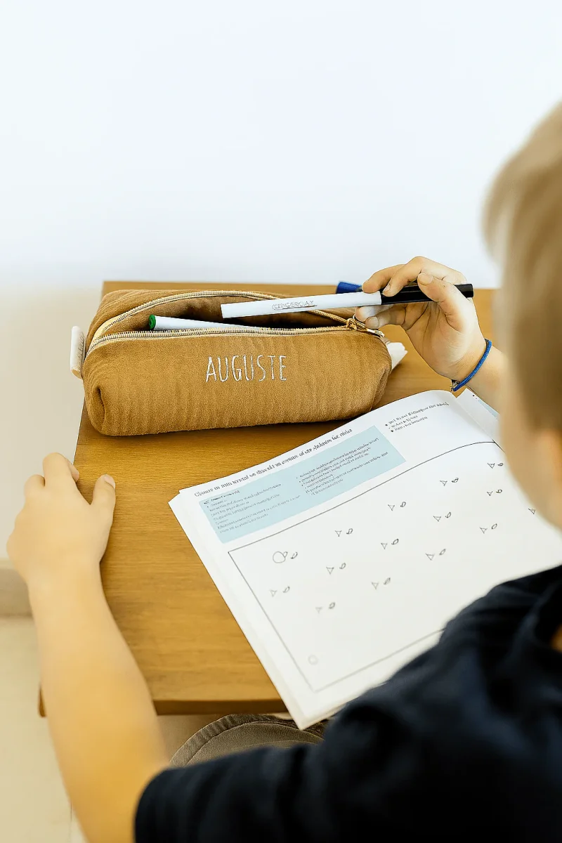 Trousse à crayons enfant école personnalisée en gaze de coton camel faite main – Image 4