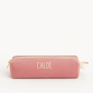 Trousse à crayons enfant école personnalisée en gaze de coton rose faite main