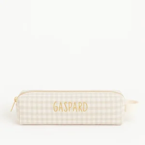 Trousse à crayons enfant école personnalisée en gaze de coton vichy beige faite main